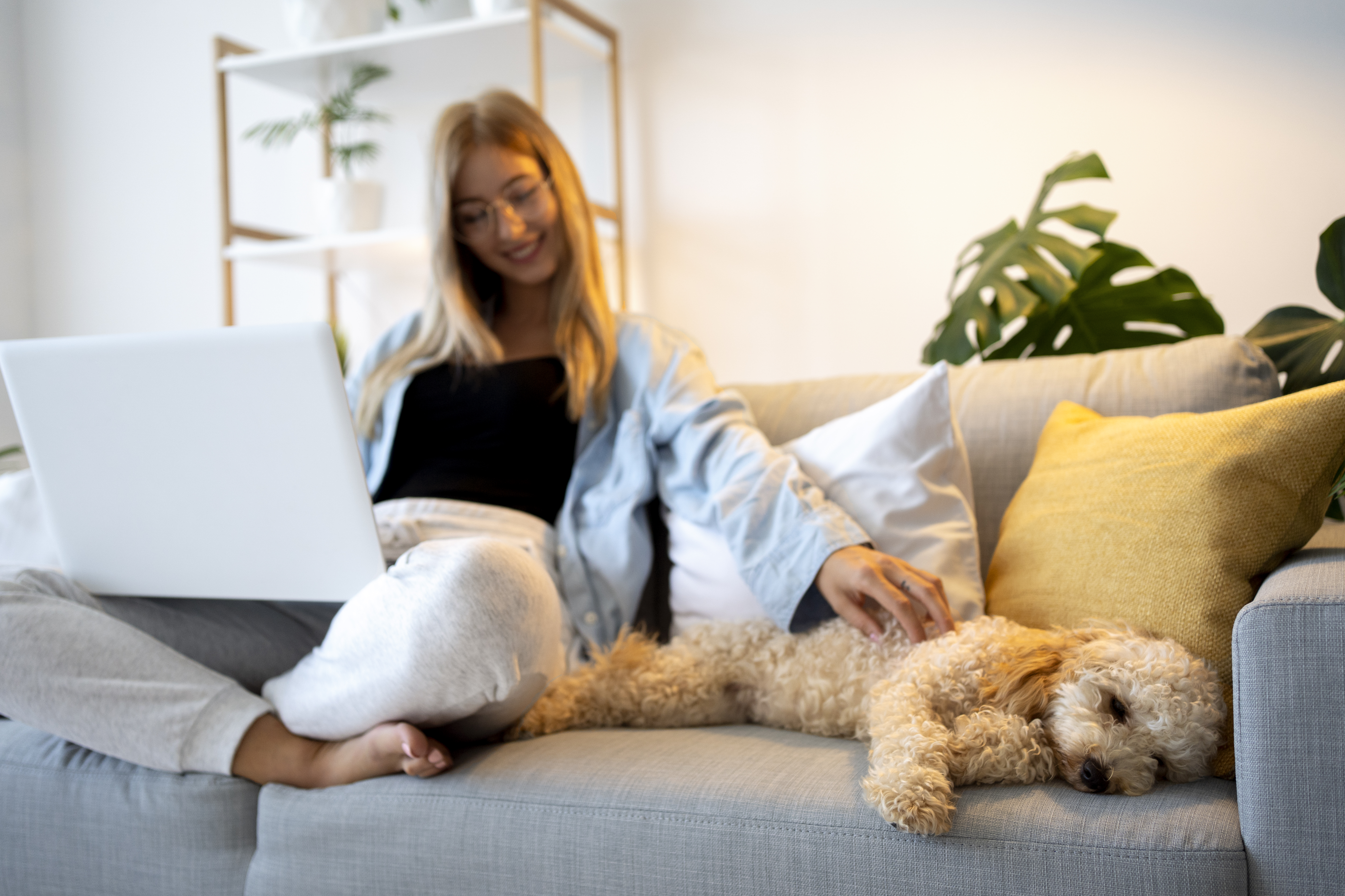 Woman and dog on sofa in rented apartment